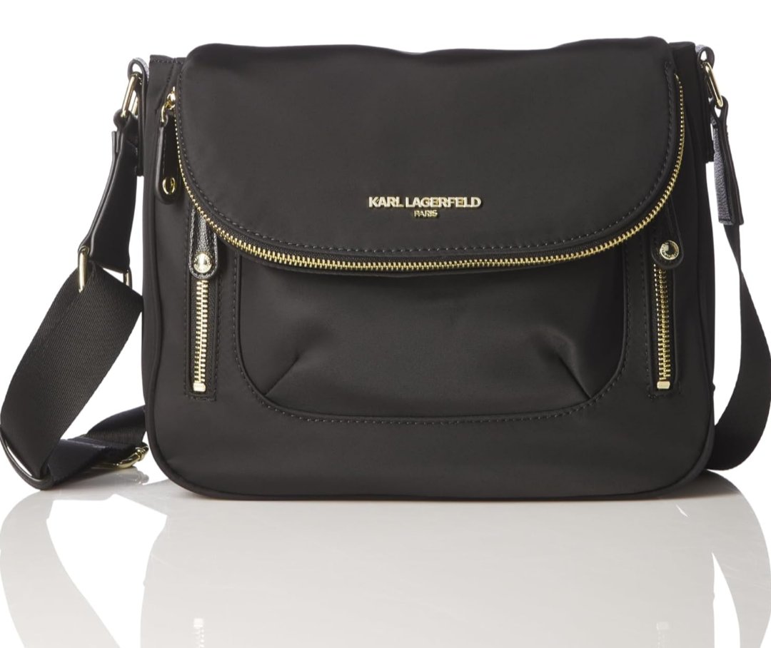 Messenger Bag Karl Lagerfeld Paris nylon negro con herrajes dor — Karl Lagerfeld Paris