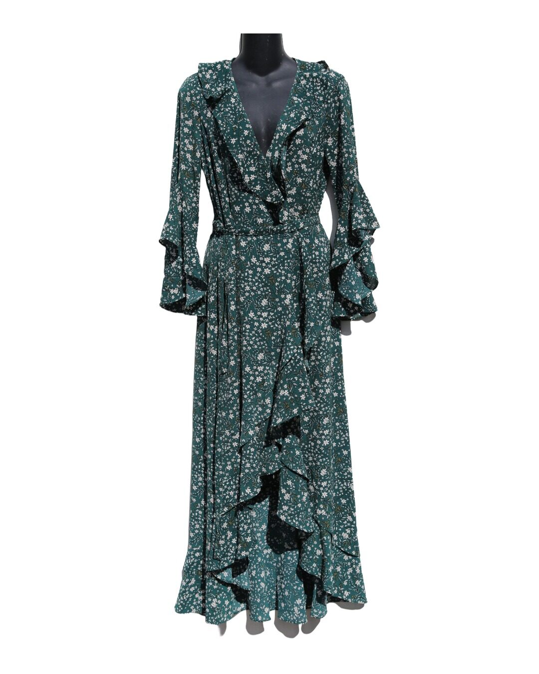 Vestido Floral Verde Wrap con Volantes